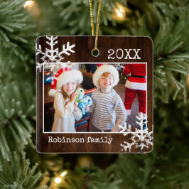 Rustic houten kerstfoto voor de familie keramisch ornament