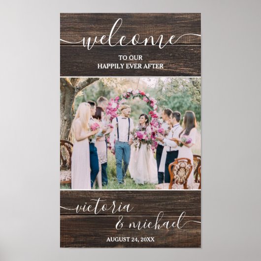 Rustic houten moderne trouwfoto afbeelding Welkom Poster (Voorkant)