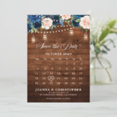 Rustic houten Navy-blauwe bloemige Mason Jar-kalen Save The Date (Staand voorkant)