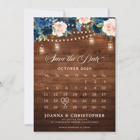 Rustic houten Navy Blue Bloemstuk Mason Jar Agenda Save The Date (Voorkant)