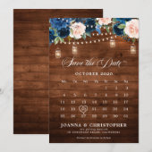 Rustic houten navyblauwe bloempot kalender  save the date (Voorkant / Achterkant)
