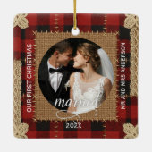 Rustic houten plank geruit eerste kerst getrouwd keramisch ornament (Achterkant)