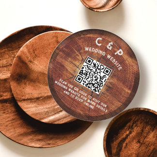 Rustic Houten QR Code Huwelijk Aangepaste Monogram Feestdagenkaart