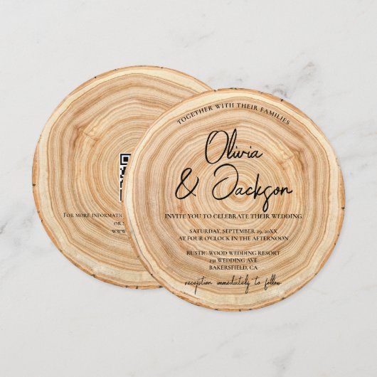 Rustic Houten QR Code Trouwkaart Kaart (Voorkant / Achterkant)