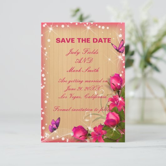 Rustic Houten Roze Floral sparen de Datum Kaart (Staand voorkant)