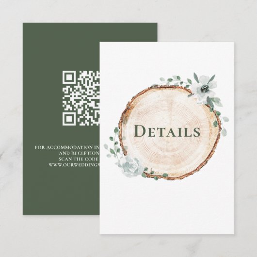 Rustic houten trouwkaart botanische details QR-cod Informatiekaartje (Voorkant / Achterkant)