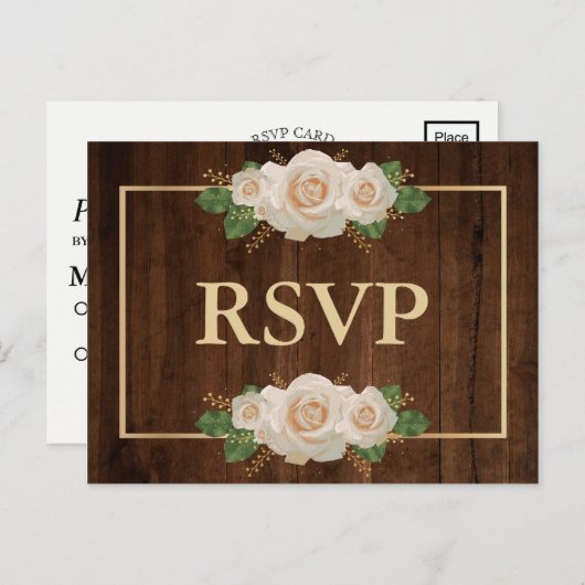 Rustic Houten Wit Roze Gouden Lijst | RSVP Maaltij Uitnodiging Briefkaart (Voorkant / Achterkant)