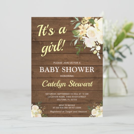 Rustic Houten Witte Bloem Gele Meisje Baby Shower Kaart (Staand voorkant)