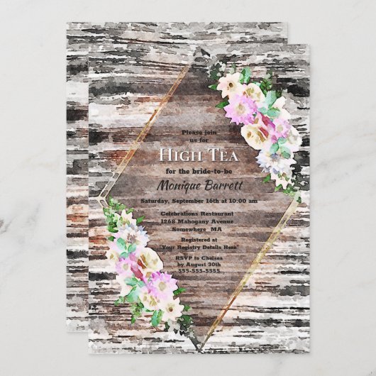 Rustic Houtroze Floral Geometric Bridal High Tea Kaart (Voorkant / Achterkant)