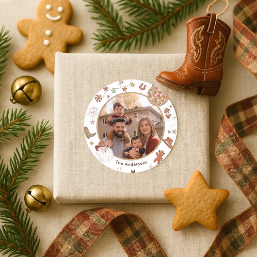 Rustic Howdy Westerne Familie Foto Kerst Ronde Sticker