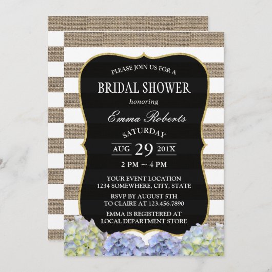 Rustic Hydrangea Burlap Stripes Vrijgezellenfeest Kaart (Voorkant / Achterkant)