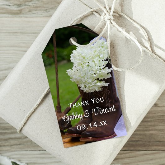 Rustic Hydrangea Cowboy Boots Westerne bruiloft Cadeaulabel