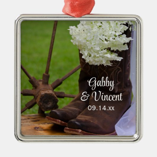 Rustic Hydrangea en Cowboy Boots Western Wedding Metalen Ornament (Voorkant)