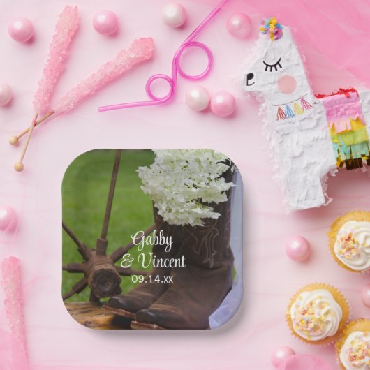 Rustic Hydrangea en Cowboy Boots Western Wedding Papieren Bordje (Feest)