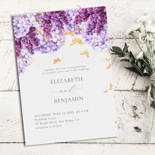 Rustic Hydrangea Lila Butterflies Elegant Wedding Kaart