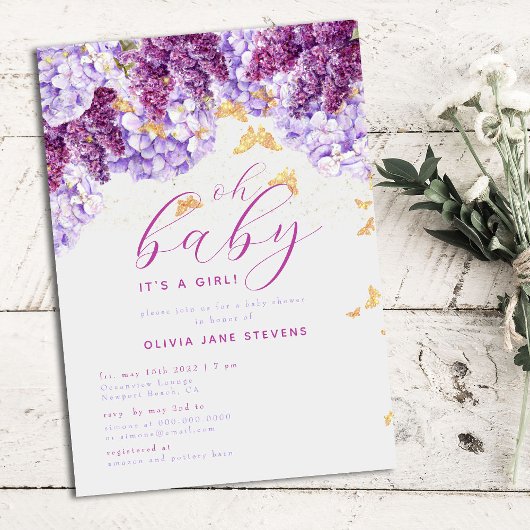 Rustic Hydrangea Lila Butterfly Girl Baby shower Kaart