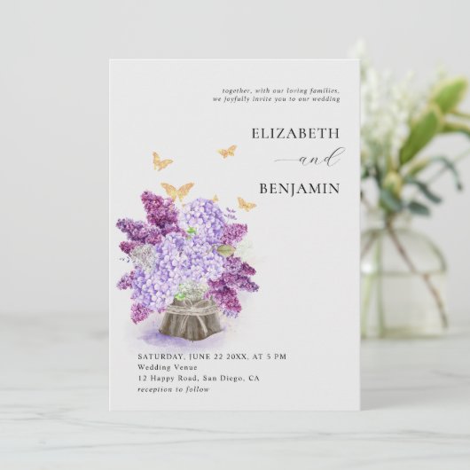 Rustic Hydrangea Lila Butterfly Gold Chic Wedding Kaart (Staand voorkant)