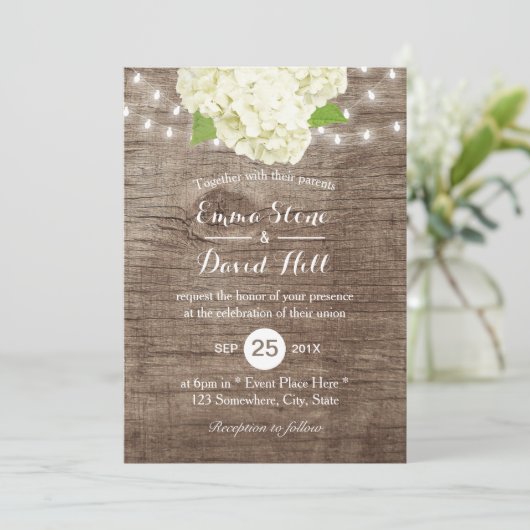 Rustic Hydrangea & String Lights Barn Wood Wedding Kaart (Staand voorkant)
