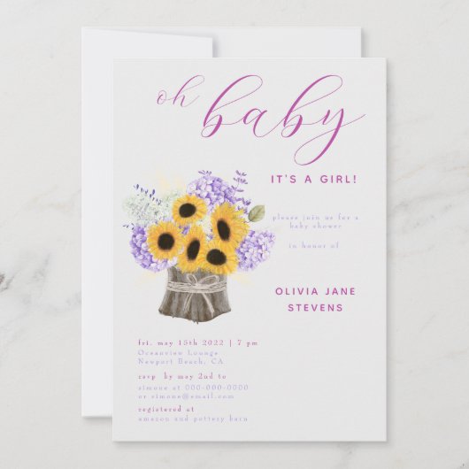 Rustic Hydrangea Sunflower Boho Girl Baby shower Kaart (Voorkant)