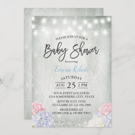 Rustic Hydrangeas Floral Elegant Baby shower Kaart (Voorkant / Achterkant)