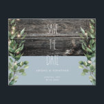 Rustic Icy Blue Foliage Wedding Save the Date Briefkaart<br><div class="desc">Rustic Wedding Save the Date. Waterverf Vloeiingslichten,  hout. Icy Blue. Hout Fence. Briefkaart. RaeDunn Pottery Font.</div>