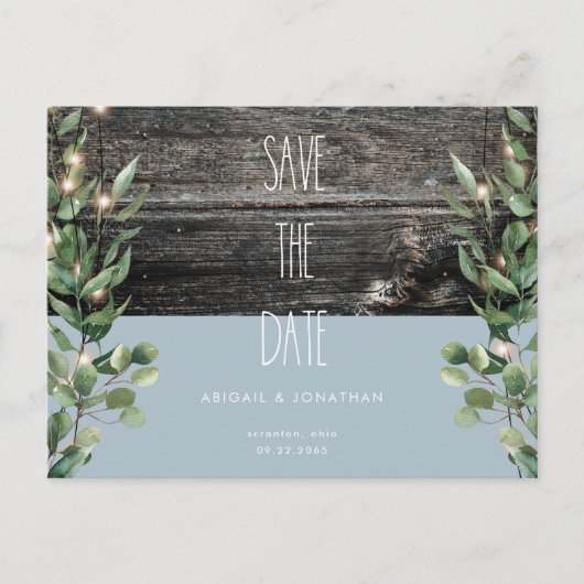 Rustic Icy Blue Foliage Wedding Save the Date Uitnodiging Briefkaart (Voorkant)