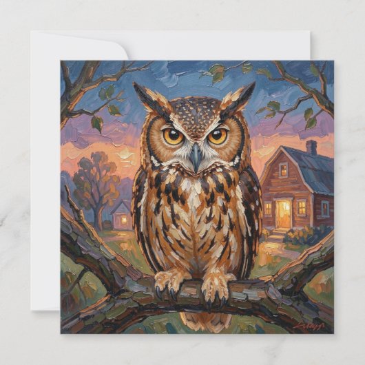 Rustic Impasto Great Horned Owl Blank (Voorkant)