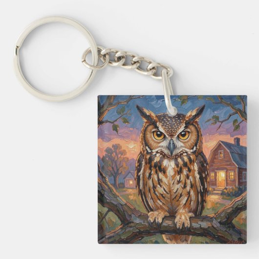 Rustic Impasto Great Horned Owl  Sleutelhanger (Voorkant)