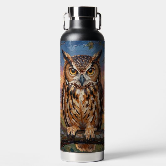Rustic Impasto Great Horned Owl  Waterfles (Voorkant)