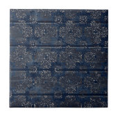 Rustic Indigo Blue Damask op gecrateerd hout Tegeltje (Voorkant)