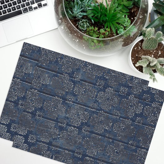 Rustic Indigo Blue Damask op gecrateerd hout Tissuepapier