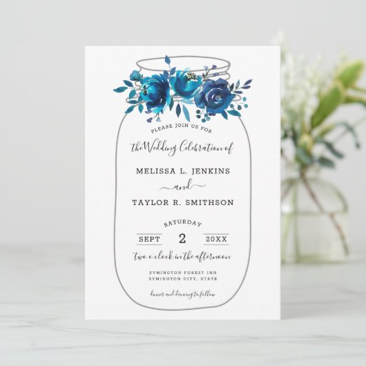 Rustic Indigo Peony Mason Jar Wedding Kaart (Staand voorkant)