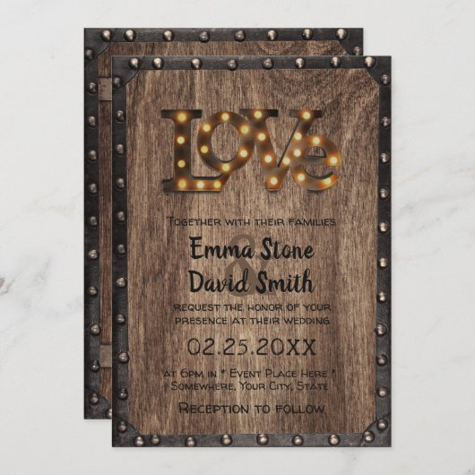 Rustic Industrial Wedding Love Sign Metal & Wood Kaart (Voorkant / Achterkant)