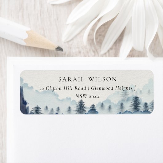 Rustic Ink Blue Navy Pine Bossen Mountain Adres Etiket (Insitu)