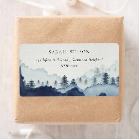 Rustic Ink Blue Navy Pine Bossen Mountain Adres Etiket (Insitu)