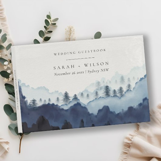 Rustic Ink Blue Navy Pine Bossen Mountain Weddensc Gastenboek