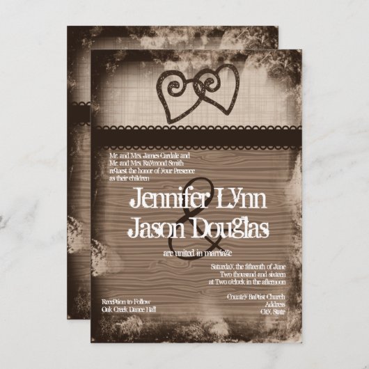 Rustic Intertwined Hearts Wedding Invitations Kaart (Voorkant / Achterkant)