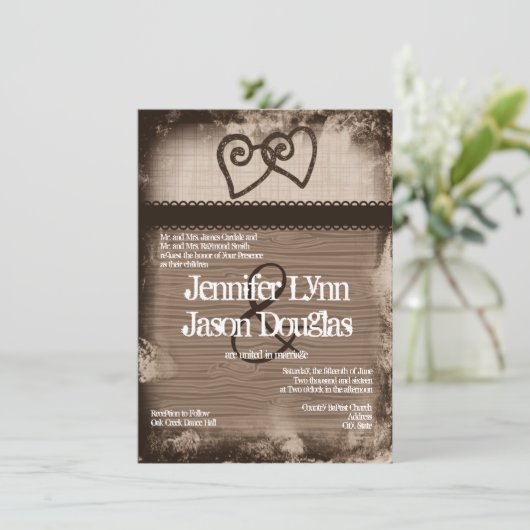 Rustic Intertwined Hearts Wedding Invitations Kaart (Staand voorkant)