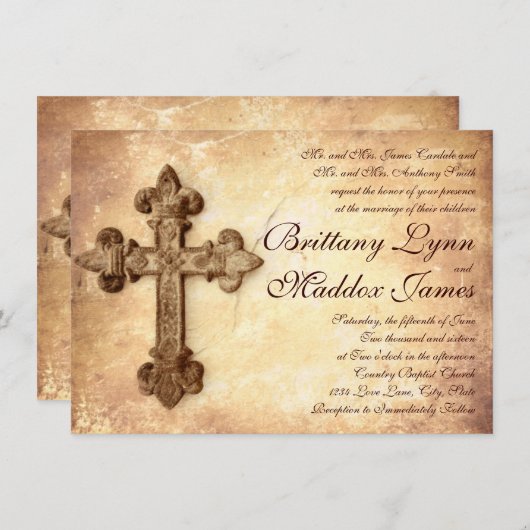 Rustic Iron Cross Distress Wedding Invitations Kaart (Voorkant / Achterkant)