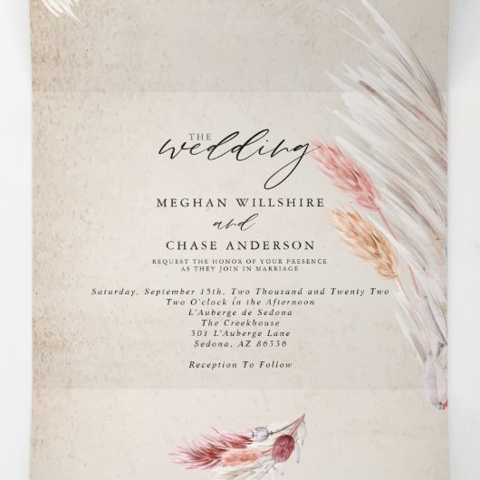 Rustic Ivory Blush Pampas Grass Tri Fold Drieluik Uitnodiging (Binnenkant midden)