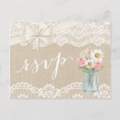 Rustic Ivory Burlap Lace Floral Mason Jar RSVP Uitnodiging Briefkaart (Voorkant)