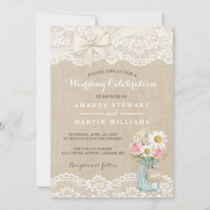 Rustic Ivory Burlap Lace Floral Mason Jar Wedding Kaart