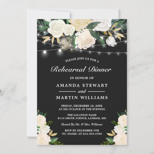 Rustic Ivory Floral String Lights Rehearsal Dinner Kaart (Voorkant)