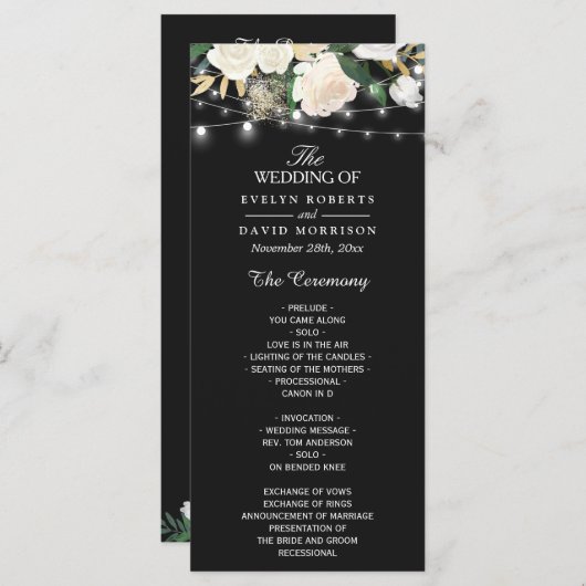 Rustic Ivory Floral String Lights Wedding Programm Programmakaart (Voorkant / Achterkant)