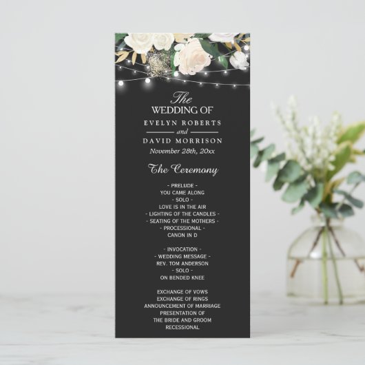 Rustic Ivory Floral String Lights Wedding Programm Programmakaart (Staand voorkant)