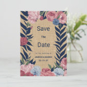 Rustic ivory navy blue pink floral Save The Date Kaart (Staand voorkant)