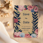 Rustic ivory navy blue pink floral Save The Date Kaart