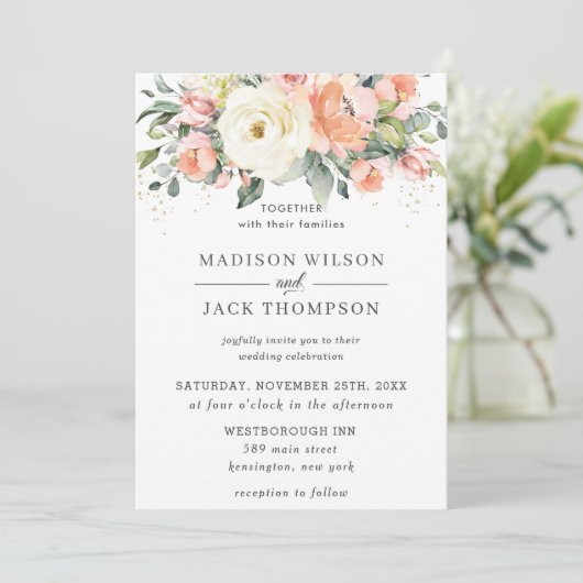 Rustic Ivory Oranje Peach Floral Greenery Wedding Kaart (Staand voorkant)