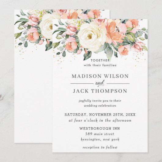 Rustic Ivory Oranje Peach Floral Greenery Wedding Kaart (Voorkant / Achterkant)