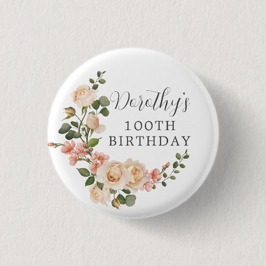 Rustic Ivory White Floral 100e verjaardag Ronde Button 3,2 Cm (Voorkant)